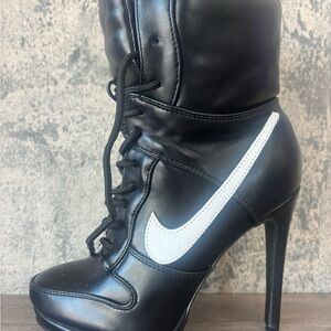 2000s Inspired Sneaker Black Lace-Up High-Heel Ankle Boot with White swoosh